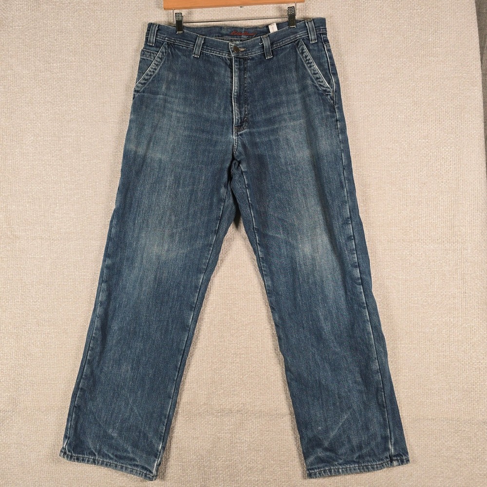Eddie Bauer Mens Flannel Lined Carpenter Jeans Blue‎ Denim Plaid Size 36x32
